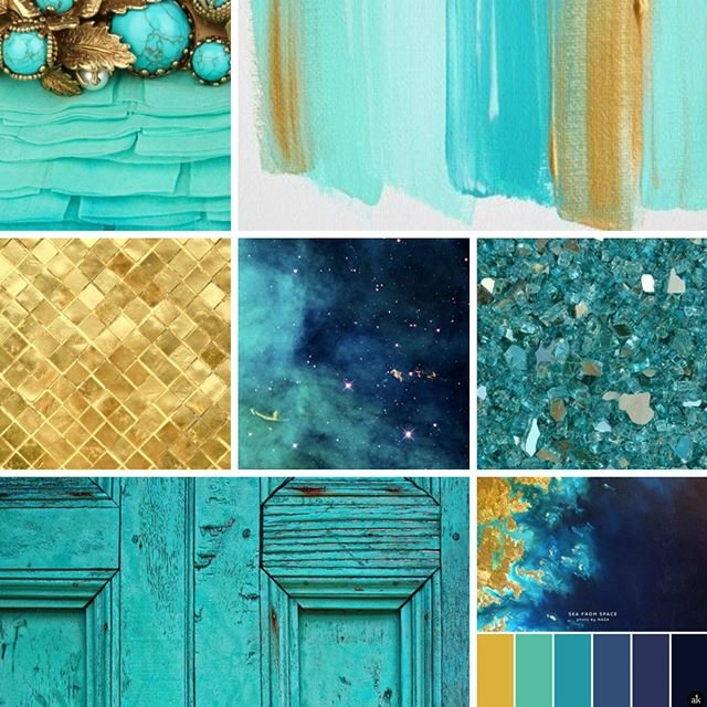 Turquoise and gold. Bold, vibrant, feminine, sophisticated. ❤ View this color palette at pinterest.com/chantillypatino ✨✨✨ #colorinspiration #colorpalette #branddesign #branding #graphicdesign #logodesign #designer #color #colorful #vibrantcolors #mood #colorlove #colorlover #design #designers #ilovecolor #coloraddict #colorlovers #creativityfound #mycreativebiz #ilovecolor #colorcombination #coloroftheday #beautifulcolors #vibrantcolors #turquoise #teal #aqua #aquamarine #gold